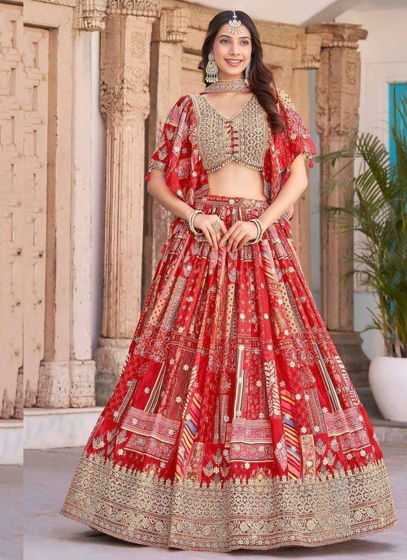 Stunning Red Chinon Digital Printed Wedding Lehenga Choli