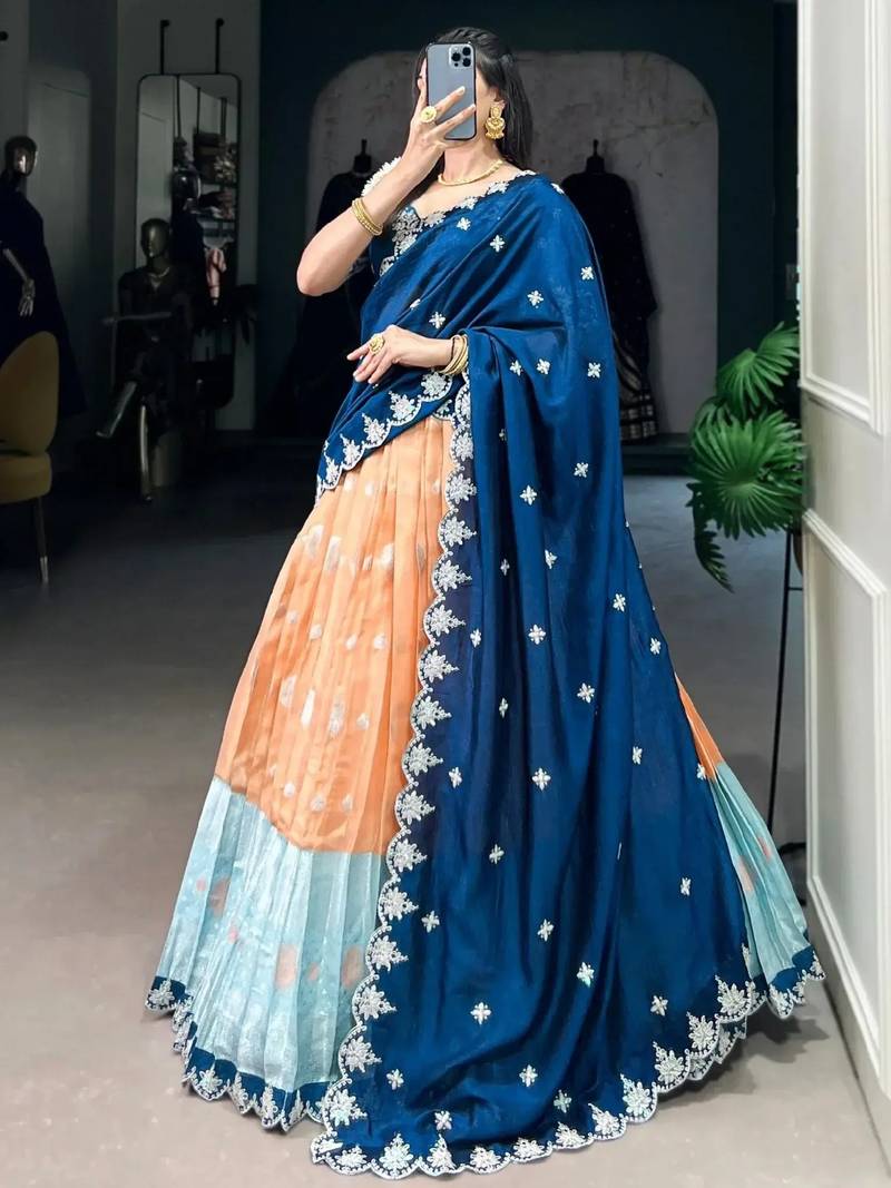 Orange Silk Half Saree Lehenga Set