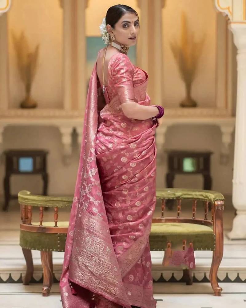 Dusty pink zari woven silk saree elegant banarasi style wedding wear with blouse
