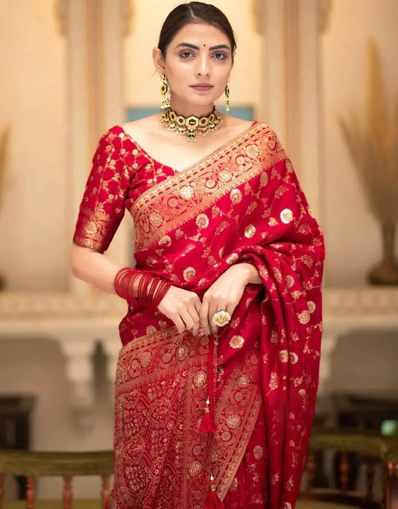 Bridal red zari woven silk saree rich banarasi style traditional wedding wear with blouse